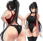  1girl absurdres ass back_cutout black_choker black_hair black_thighhighs blush breasts choker clothing_cutout commentary_request commission competition_swimsuit covered_navel ear_blush earrings groin hair_between_eyes hands_on_own_hips highleg highleg_swimsuit highres idolmaster idolmaster_shiny_colors jewelry large_breasts long_hair looking_at_viewer multiple_views one-piece_swimsuit pixiv_commission ponytail shirase_sakuya simple_background smile swimsuit thigh_gap thighhighs very_long_hair white_background yoo_tenchi 