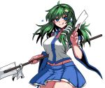  1girl :q ahoge bare_shoulders between_fingers blue_eyes blue_skirt breasts cowboy_shot detached_sleeves eyebrows_hidden_by_hair formicid frog_hair_ornament gohei groin hair_between_eyes hair_ornament hair_tubes hand_up holding holding_stick kochiya_sanae large_breasts looking_at_viewer navel pleated_skirt revision simple_background skirt snake_hair_ornament solo stick stomach thighs tongue tongue_out touhou white_background wide_sleeves 
