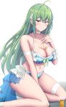  1girl :/ absurdres ahoge ankle_strap applying_sunscreen arm_behind_back arm_strap assault_lily bare_legs bare_shoulders between_legs bikini blue_bikini blue_hairband blue_ribbon blush breasts chin_gero choker cleavage closed_mouth commentary_request foot_out_of_frame frilled_bikini frills gem glint green_hair hair_between_eyes hair_ribbon hairband halterneck hand_between_legs hand_on_own_chest hand_up highres long_hair looking_at_viewer lotion lotion_bottle medium_breasts navel official_alternate_costume pearl_(gemstone) plaid plaid_bikini purple_eyes ribbon simple_background sitting solo stomach sunscreen swimsuit tanaka_ichi thigh_strap very_long_hair wet white_background white_choker wristband yokozuwari 