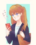  1girl aged_up bag blue_eyes breasts brown_hair cellphone evangelion:_3.0+1.0_thrice_upon_a_time jacket long_hair looking_away masago_ksb neon_genesis_evangelion phone rebuild_of_evangelion solo souryuu_asuka_langley standing translation_request 