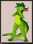  3:4 anthro female hair happy hi_res kobold looking_away scalie skyvo solo standing text url 