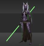  1girl absurdres alien colored_skin double_bladed_lightsaber foot_wraps full_body green_lightsaber highres holding_lightsaber navel pelvic_curtain purple_skin signature simple_background solo star_wars togruta xelandra 