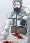  1boy artist_request axe blood blood_on_face blood_on_weapon deruha_(this_communication) grey_hair highres holding holding_axe male_focus muted_color planted short_hair sitting solo spiked_hair spot_color spread_legs thick_eyebrows this_communication weapon winter_clothes 