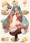  1girl animal apron aqua_eyes aqua_hair blueberry boots bow bowl brown_footwear brown_hakama brown_ribbon buttons carrot_slice checkered_background checkered_clothes checkered_kimono chef_hat commentary_request cross-laced_footwear crypton_future_media cup dot_nose double-breasted earrings egg fingernails food food-themed_clothes food-themed_hair_ornament food_request fork_hair_ornament fried_chicken fruit full_body hair_bow hair_ornament hair_ribbon hairclip hakama hands_up happy hardboiled_egg hat hatsune_miku highres holding holding_bowl holding_food holding_spoon ice_cream japanese_clothes jewelry kappougi kimono lace-up_boots lemon lemon_slice lettuce long_hair low-tied_long_hair low_twintails mint neckerchief noodles official_art open_mouth orange_kimono piapro plate rabbit rabbit_yukine ramen red_bow red_neckerchief red_pupils ribbon shrimp_hair_ornament sidelocks simple_background smile snowflake_print solo spoon spoon_hair_ornament strawberry sushi swept_bangs tsurime twintails two-tone_background very_long_hair vocaloid wavy_hair white_apron white_background white_ribbon yellow_background yuki_miku yuki_miku_(2024) yuu_(higashi_no_penguin) 