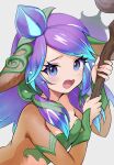  1girl animal_ears blue_eyes blush breasts cleavage d: dark_skin flower from_side green_hair grey_background hair_flower hair_ornament highres holding holding_staff horse_ears horse_girl league_of_legends lillia_(league_of_legends) looking_at_viewer medium_breasts multicolored_hair open_mouth pointy_ears purple_hair simple_background solo staff tearing_up two-tone_hair upper_body yuhiko_(unayuhi) 