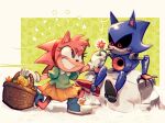  1boy 1girl 9474s0ul amy_rose animal_ears animal_nose basket blue_footwear blush floral_background flower flower_basket full_body furry furry_female giving gloves grass green_background green_shirt grin highres holding holding_basket holding_flower looking_at_another metal_sonic orange_skirt pink_flower puffy_short_sleeves puffy_sleeves red_eyes robot rock shirt shoes short_sleeves sitting skirt smile sonic_(series) sonic_cd sonic_the_hedgehog_(classic) white_gloves 