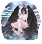  1girl barefoot black_hair black_wings blue_archive blush breasts cleavage closed_mouth collarbone feathered_wings feet halo hasumi_(blue_archive) highres huge_breasts knee_up legs lichiko long_hair naked_towel onsen red_eyes red_halo rock snow soles solo spread_toes toes towel water white_towel wings 