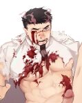  1boy badai bara bare_pectorals beard_stubble black_hair black_necktie blood blood_from_eyes blood_on_clothes blood_on_face blood_on_pectorals collared_shirt commentary_request fingernails highres injury leg_up long_sleeves lying male_focus muscular muscular_male necktie nude on_back one_eye_closed open_mouth outstretched_hand pectorals penis pointy_ears purple_eyes shadow shirt short_hair smoke tearing_up teeth tokyo_afterschool_summoners torn_clothes torn_shirt white_background white_shirt yoritomo_(housamo) 