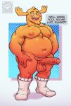  anthro blush bodily_fluids clothing dialogue english_text fairy footwear genital_fluids hi_res horn inviting male nude patrick_fitzgerald pecs precum simple_background smile smirk socks solo streif tagme text 