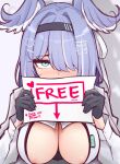  1girl aqua_eyes areola_slip black_gloves blue_hair blush breasts cleavage cleavage_cutout clothing_cutout elira_pendora elira_pendora_(4th_costume) english_commentary gloves hair_intakes hair_ornament hair_over_one_eye hairband hairclip head_wings highres holding holding_sign large_breasts m_r_b nijisanji nijisanji_en paper sign solo virtual_youtuber wings 