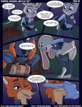  anthro canid canine clothing comic dialogue disney english_text female fox fur green_eyes grey_body grey_fur group judy_hopps lagomorph leporid male mammal nick_wilde night orange_body orange_fur outside paddedulf panties paws pink_clothing pink_underwear police_uniform purple_eyes rabbit text underwear undressing uniform zootopia 