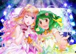  2girls bare_shoulders blonde_hair blowing_kiss blue_eyes blunt_bangs blush bow bow_choker bracelet breasts choker cleavage dress earrings ebata_risa flower flower_choker gloves green_dress green_eyes hair_flower hair_ornament hair_ribbon holding holding_microphone jewelry long_hair looking_at_viewer macross macross_frontier medium_breasts medium_hair microphone multicolored_hair multiple_girls one_eye_closed open_hand open_mouth orange_bow parted_lips pink_dress pink_gloves pink_hair pink_ribbon ranka_lee red_eyes red_lips ribbon sheryl_nome single_earring sleeveless sleeveless_dress small_breasts smile sparkle stage stage_lights strapless strapless_dress two-tone_hair upper_body yellow_ribbon 