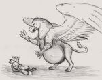  after_vore anthro armor attack avian beak belly big_belly duo feral gryphon larger_feral male mythological_avian mythology on_ground overweight size_difference sketch spread_wings thatgryphonguy vore wings 