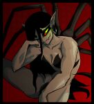  animal_humanoid arachnid arachnid_humanoid arthropod arthropod_humanoid breasts dotted_background ear_piercing ear_ring female hand_on_cheek humanoid humanoid_pointy_ears looking_at_viewer muscular muscular_female pattern_background piercing red_sclera ring_piercing simple_background smile solo spider_humanoid twistingtoxic 