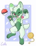  absurd_res ambiguous_gender anthro ball_of_yarn blue_background coille digital_media_(artwork) felid feline floragato fur generation_9_pokemon green_body green_fur hi_res looking_at_viewer mammal nintendo paws pokeball pokemon pokemon_(species) simple_background smile solo tail white_background yarn 