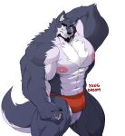  2023 abs anthro artist_name beard big_biceps big_deltoids big_triceps black_claws black_hair blue_body blue_fur canid canine canis chest_tuft claws clothed clothing eyewear facial_hair finger_claws fur glasses hair hand_behind_head hi_res inner_ear_fluff looking_at_viewer male mammal multicolored_body multicolored_fur muscular muscular_anthro muscular_arms muscular_male muscular_thighs navel nipples pawpads pecs red_clothing red_thong red_underwear solo thick_thighs thong thong_only topless tuft two_tone_body two_tone_fur underwear underwear_only vein veiny_muscles white_body white_fur wolf yellow_eyes yongdasom 