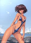  1girl adsouto arm_behind_back ass_visible_through_thighs bare_arms bare_legs blue_one-piece_swimsuit breasts brown_hair cleavage closed_mouth collarbone dark-skinned_female dark_skin day floating_hair frown hair_between_eyes highres navel ocean one-piece_swimsuit outdoors red_eyes sentou_yousei_yukikaze shiny_skin short_hair sideboob signature slingshot_swimsuit small_breasts solo swimsuit watermark web_address 