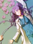  1girl alternate_universe asahina_mafuyu collarbone doctor fallinsnowi hair_between_eyes highres holding holding_ribbon lab_coat long_hair lotus_leaf lying medical_scrubs on_back project_sekai purple_hair ribbon ripples rope_around_neck smile stethoscope 