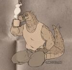  anthro clothing crocodile crocodilian crocodylid daylon_(dislyte) dislyte drinking facial_markings head_markings male markings muscular muscular_male reptile scalie sealed_mouth shirt solo spikes steam tail tail_motion tailwag tank_top topwear zinthings 