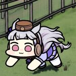 1girl :3 all_fours animal_ears blunt_bangs bow brown_footwear brown_headwear chibi commentary ear_bow fence gold_ship_(umamusume) grey_hair headgear horse_ears horse_girl horse_tail imitating jazz_jack long_hair lowres on_grass outdoors photo-referenced pillbox_hat pink_eyes pleated_skirt pose_imitation puffy_short_sleeves puffy_sleeves purple_bow running school_uniform short_sleeves skirt solo summer_uniform tail thighhighs tracen_school_uniform umamusume white_thighhighs wide_face 