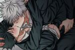  2boys arm_around_neck belt black_hair black_jacket black_pants blush closed_eyes couple french_kiss full-face_blush fushiguro_megumi fushirun_rung gojou_satoru hand_on_another&#039;s_head highres jacket jujutsu_kaisen kiss korean_commentary long_sleeves multiple_boys pants shirt short_hair spiked_hair white_hair yaoi 