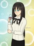  1girl alcohol black_hair black_hairband black_ribbon black_skirt blue_eyes blush cup drink drinking_glass hairband highres holding holding_cup long_hair p0loski ribbon shirt skirt solo_focus tohno_akiha tsukihime twitter_username very_long_hair white_shirt wine 