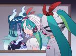  2girls aqua_eyes aqua_hair beanie bright_pupils closed_mouth collared_shirt commentary_request detached_sleeves dot_mouth ghost ghost_miku_(project_voltage) glitch grey_shirt hair_between_eyes hair_over_one_eye hair_through_headwear half-closed_eyes hat hatsune_miku headphones highres klarogiraffe long_hair looking_at_mirror mirror multiple_girls necktie pale_skin pokemon project_voltage psychic_miku_(project_voltage) reflection shirt short_sleeves sleeves_past_fingers sleeves_past_wrists twintails upper_body very_long_hair vocaloid white_headwear white_pupils white_shirt will-o&#039;-the-wisp_(mythology) yellow_eyes 