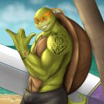  1:1 abs absurd_res anthro bakameganekko biceps green_body green_skin hi_res male mask michelangelo_(tmnt) muscular muscular_anthro muscular_male pecs reptile scalie shell solo teenage_mutant_ninja_turtles teenage_mutant_ninja_turtles_(2014) turtle turtle_shell 