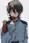  1boy black_hair cosplay ensemble_stars! flower grey_background head_wreath highres holding holding_rope long_sleeves male_focus medium_hair promise_swords_(ensemble_stars!) red_eyes red_flower red_rose rope rose sakuma_rei_(ensemble_stars!) sakuma_ritsu sakuma_ritsu_(cosplay) solo sparkle wavy_hair yellow_flower yellow_rose yukimi_bon 