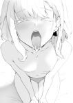  1boy blush closed_eyes colored_eyelashes cum cum_in_mouth cumdrip earrings greyscale hair_behind_ear highres jewelry lio_fotia male_focus meronica monochrome navel nipples official_alternate_hairstyle open_mouth otoko_no_ko own_hands_together panties promare short_hair sidelocks single_earring sitting solo thigh_gap tongue tongue_out topless topless_male triangle_earrings underwear underwear_only 