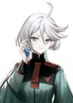  1girl ahoge asticassia_school_uniform charm_(object) closed_mouth commentary_request cool_(gundam_suisei_no_majo) green_jacket grey_eyes grey_hair gundam gundam_suisei_no_majo hair_between_eyes hand_up highres hirose_(10011) holding_charm jacket long_hair long_sleeves looking_at_viewer miorine_rembran school_uniform shoulder_boards simple_background smile solo swept_bangs upper_body white_background wide_sleeves 
