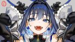  1girl blue_eyes blue_hair breasts chain_headband earrings fangs hair_intakes hololive hololive_english jewelry long_hair looking_at_viewer mixed-language_commentary open_mouth ouro_kronii ribbon_earrings short_hair smile solo virtual_youtuber wada_arco 