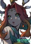  1girl :o absurdres bare_shoulders bow bowtie braid brown_hair green_bow green_bowtie green_eyes hair_ornament highres league_of_legends long_hair looking_to_the_side neeko_(league_of_legends) parted_bangs portrait red_hair simple_background solo sparkle star_guardian_neeko teeth upper_teeth_only white_background wosashimi 