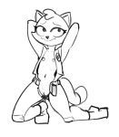  2023 anthro areola arms_bent belt bent_legs big_eyes biped boots cheek_tuft clitoris closed_smile clothed clothing curved_eyebrows digital_drawing_(artwork) digital_media_(artwork) domestic_cat eyebrows eyelashes facial_tuft felid feline felis female female_anthro flat_chested footwear full-length_portrait fur fur_tuft genitals hands_behind_head head_tuft hi_res jumpsuit kneeling looking_at_viewer mammal monochrome mouth_closed navel no_irises on_one_knee open_clothing open_jumpsuit partially_clothed partially_clothed_anthro partially_clothed_female pin_button pinup portrait pose prick_ears pupils pussy shy smile smiling_at_viewer solo squish_(squish_and_squash) squish_and_squash tail thick_tail thin_eyebrows tuft young zambs 