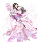  1girl black_hair boots bridal_veil dress fire_emblem fire_emblem_awakening fire_emblem_heroes flower full_body fur_trim gold_trim gradient_clothes hair_ornament highres holding homa_kura japanese_clothes long_hair long_sleeves non-web_source obi official_art sash say&#039;ri_(fire_emblem) see-through solo tiara transparent_background veil 