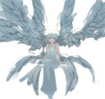  1girl absurdres angel angel_wings closed_mouth dress feathered_wings halo highres invisible_chair light_frown long_hair multiple_wings original potatomochii sitting solo white_dress white_hair wings 