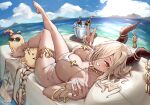  1girl absurdres anklet azur_lane barefoot blonde_hair blue_sky braid breasts bucket cola dark-skinned_female dark_skin demon_horns duchessofarmeria gold gold_bracelet grin highres horns ice jewelry large_breasts long_hair lying manjuu_(azur_lane) mole mole_under_mouth ocean official_alternate_costume on_back owari_(azur_lane) owari_(shimmering_forsythia)_(azur_lane) ring sky smile thighlet thighs w white_nails 