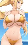  1girl bare_shoulders bikini blonde_hair blue_eyes blush breasts collarbone darkness_(konosuba) hair_ornament highres jampen kono_subarashii_sekai_ni_shukufuku_wo! large_breasts long_hair looking_at_viewer navel parted_lips ponytail solo swimsuit x_hair_ornament yellow_bikini 