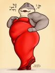  2023 anthro belly big_belly breasts cleavage clenched_teeth clothed clothing crossdressing dialogue dreamworks dress fangs fish footwear hand_on_hip hi_res lipstick looking_at_viewer makeup male marine moobs mr._shark_(the_bad_guys) obese obese_anthro obese_male overweight overweight_anthro overweight_male oystercatcher7 pose raised_leg red_clothing red_dress red_footwear red_shoes scales shark shoes signature smile smiling_at_viewer solo standing talking_to_viewer teeth text the_bad_guys 