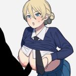  blonde_hair blue_sweater blush breasts breasts_out clothed_sex clothes_lift darjeeling_(girls_und_panzer) girls_und_panzer highres large_breasts onsen_tamago_(hs_egg) paizuri sweater 
