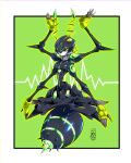  1boy absurdres antennae arms_up arthropod_boy border claws digimon digimon_(creature) exermon extra_arms fingerless_gloves full_body gloves green_background green_eyes highres lotus_position no_humans pied-piper1997 signature solo white_border yellow_eyes yellow_gloves 