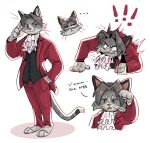  ! !! ... 1boy ace_attorney angry animal_ears animal_nose ascot cat_boy cat_ears cat_tail closed_mouth commentary desk_slam english_commentary english_text faintsuns formal furrification furry furry_male grey_hair hand_in_pocket highres long_sleeves looking_at_viewer male_focus miles_edgeworth multiple_views open_mouth pants red_pants red_suit simple_background standing suit tail white_background 
