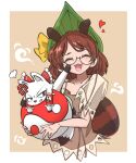  1girl absurdres animal animal_ears blush brown_hair brown_shirt closed_eyes fox futatsuiwa_mamizou glasses hakurei_reimu hakurei_reimu_(fox) heart highres open_mouth orb raccoon_ears raccoon_tail round_eyewear ryouryou shirt short_hair short_sleeves smile solo tail touhou yin_yang yin_yang_orb 