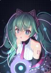  1girl animal_ear_headphones animal_ears blue_eyes blush cable cat_ear_headphones center_frills chami_(charming621) chestnut_mouth collared_shirt elbow_gloves fake_animal_ears frills gloves green_hair grid_background hatsune_miku headphones jacket looking_at_viewer multicolored_hair off_shoulder open_mouth shirt sleeveless sleeveless_shirt solo streaked_hair symbol-shaped_pupils twintails upper_body vocaloid x-shaped_pupils 