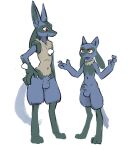  3_toes 4_fingers animal_genitalia anthro balls barefoot black_body black_fur blue_balls blue_body blue_fur blue_sheath canid canine chest_spike clawed_fingers digital_media_(artwork) digitigrade duo feet fingers fur generation_4_pokemon genitals hand_on_hip larger_male lucario male male_anthro mammal mindkog navel nintendo nude nude_anthro nude_male pokemon pokemon_(species) red_eyes riolu sheath simple_background size_difference smaller_male spikes spikes_(anatomy) standing tail tan_body tan_fur toes white_background 