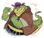  2023 alligator alligatorid anthro artofgerald biped bottomwear brok_(character) brok_the_investigator clothing crocodilian green_body hat headgear headwear hi_res humanoid_hands pants reptile scalie shirt simple_background slightly_chubby solo topwear 