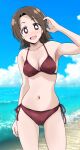  1girl beach bikini blue_sky breasts bright_pupils brown_bikini brown_eyes brown_hair cloud cloudy_sky commentary cowboy_shot day girls_und_panzer halterneck hand_in_own_hair highres horizon looking_at_viewer medium_breasts navel ocean open_mouth outdoors parted_bangs ponzu_rui sawa_azusa short_hair side-tie_bikini_bottom sky smile solo standing swimsuit white_pupils 