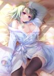  1girl angelina_nanatsu_sewell areola_slip arm_at_side arm_up ass_visible_through_thighs bathrobe bed_sheet black_panties black_thighhighs blush breasts cameltoe cleavage collarbone covered_nipples cowboy_shot eyelashes eyes_visible_through_hair fingernails from_above garter_straps green_hair hair_between_eyes hair_over_shoulder hair_spread_out head_tilt highres izumi_tsubasu knee_up large_breasts looking_at_viewer lying mashiroiro_symphony medium_hair off_shoulder on_back on_bed one_breast_out open_mouth paid_reward_available panties panty_peek purple_eyes sample_watermark shy sidelighting single_bare_shoulder skindentation sleeves_past_wrists solo sunset thighhighs thighs underwear white_bathrobe 