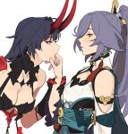  2girls arm_grab black_gloves black_hair blue_eyes breasts chinese_clothes cleavage eye_contact finger_in_another&#039;s_mouth from_side fu_hua fu_hua_(azure_empyrea) gloves grey_hair high_ponytail highres honkai_(series) honkai_impact_3rd horns large_breasts long_hair looking_at_another maiqo multiple_girls raiden_mei raiden_mei_(herrscher_of_thunder) red_horns simple_background tongue tongue_out white_background yuri 