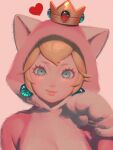  1girl animal_costume animal_ear_hood animal_ears animal_hands artist_name bellhenge blonde_hair blue_eyes breasts cat_costume cat_ears cat_peach closed_mouth commentary crown earrings english_commentary gleam gloves gold_headwear heart hood hood_up jewelry large_breasts lipstick long_eyelashes looking_at_viewer makeup mario_(series) mini_crown paw_gloves paw_pose pink_background pink_hood pink_lips pink_suit princess_peach short_hair smile solo sphere_earrings suit super_mario_3d_world upper_body white_gloves 